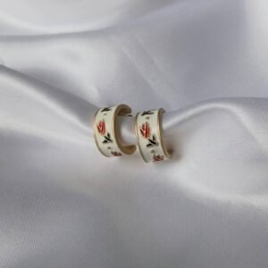 Red Tulip Print Enamel Hoop Earrings