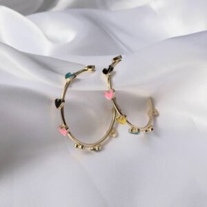 Gold Hoop Earrings with Colourful Heart Charms