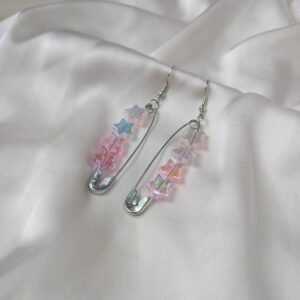 Silver Safety Pin Star Drop Earrings