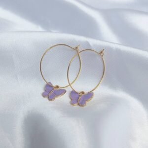Gold Hoop Earrings with Purple Butterfly Charm