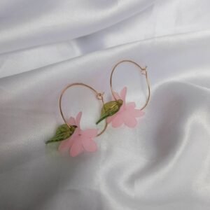 Gold Hoop Earrings with Pink Flower Charm