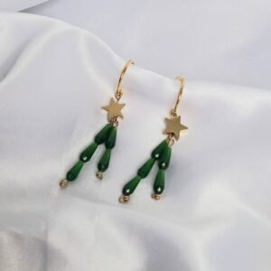 Gold Star & Green Bead Drop Earrings