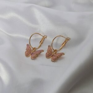 Pink Butterfly Charm Hoop Earrings