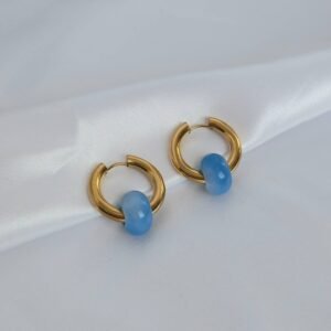 Gold Hoop Earrings with Blue Bead Accent