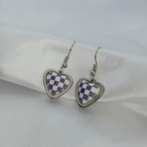 Purple & White Checkered Heart Drop Earrings