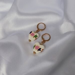 Cream Floral Heart Bead Drop Earrings