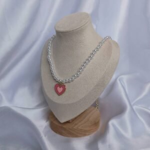 Pink & Gold Retro Heart Drop Charm Pearl Necklace -  Pearl Necklace,Pink Heart Necklace,Pink Beaded Necklaces In The UK,Beaded Jewellery
