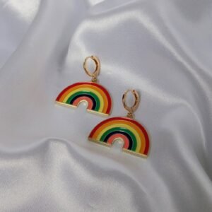 Gold Hoop Earrings with Double Rainbow Charm