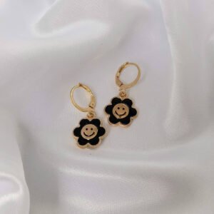 Gold Hoop Earrings with Smiley Flower Charm