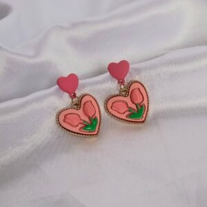 Pink Heart & Flower Drop Earrings