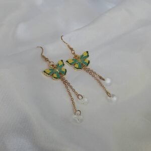 Yellow Butterfly & Blue Bead Drop Earrings