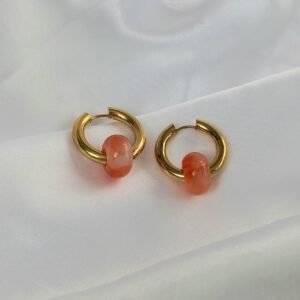 Gold Hoop Earrings with Coral Bead Charm