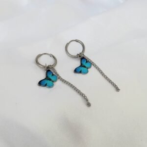 Silver Hoop Earrings with Blue Butterfly Charm