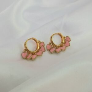 Gold Hoop Earrings with Pink Heart Charm