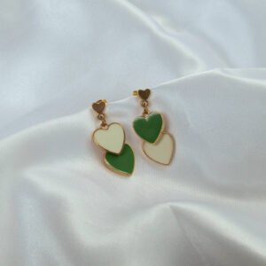 Green & Cream Two-Tone Heart Stud Earrings