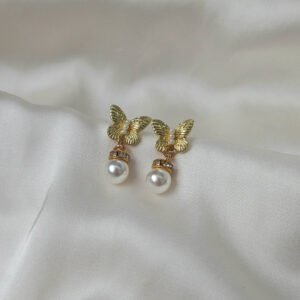 Gold Butterfly Stud Earrings with Pearl Drop