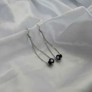 Silver Chain Drop Earrings with Black Bead