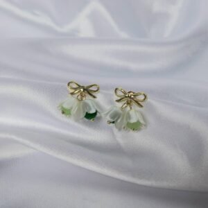 White Flower Stud Earrings with Gold Bow