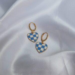 Retro Blue Checkered Heart Drop Earrings
