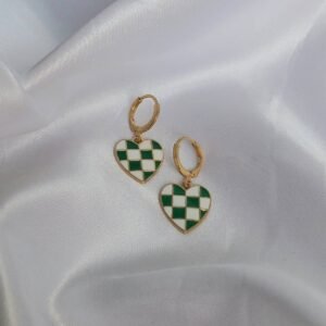 Green Gingham Heart Drop Earrings