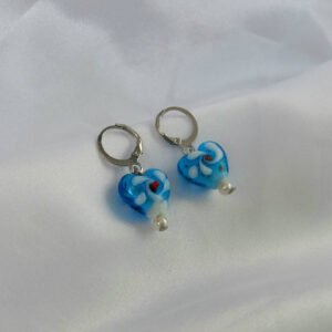 Blue Floral Bead Heart Drop Earrings