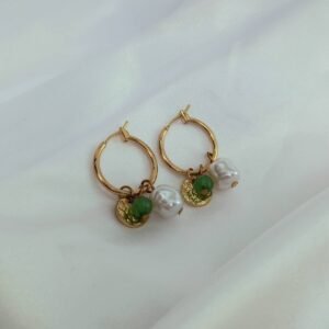 Gold Hoop Earrings with Pearl & Bead Charm