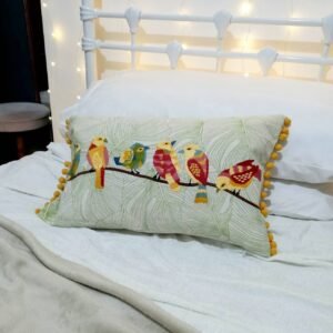 Embroidered Bird Cushion Cover - Pom Pom Cushion,Yelllow Cushions In The UK,Housewarming Gift,Throw Pillows,Green Cushions,Bird Home Decor