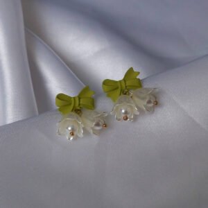 White Flower Stud Earrings with Green Bow